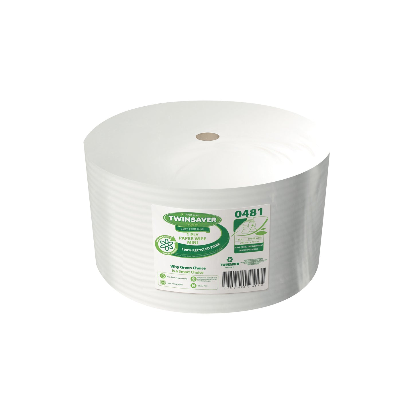 Twinsaver 1 Ply Paper Wipe Mini Roll (200mm x 750m) (Code 0481)