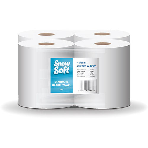 Snow Soft 1 Ply Standard Barrel Towel (4 Pack) - BULK PACK OF 15