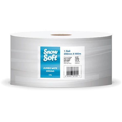 Snow Soft 1 Ply Jumbo Wipe Roll (200mm x 900m) - BULK PACK OF 15