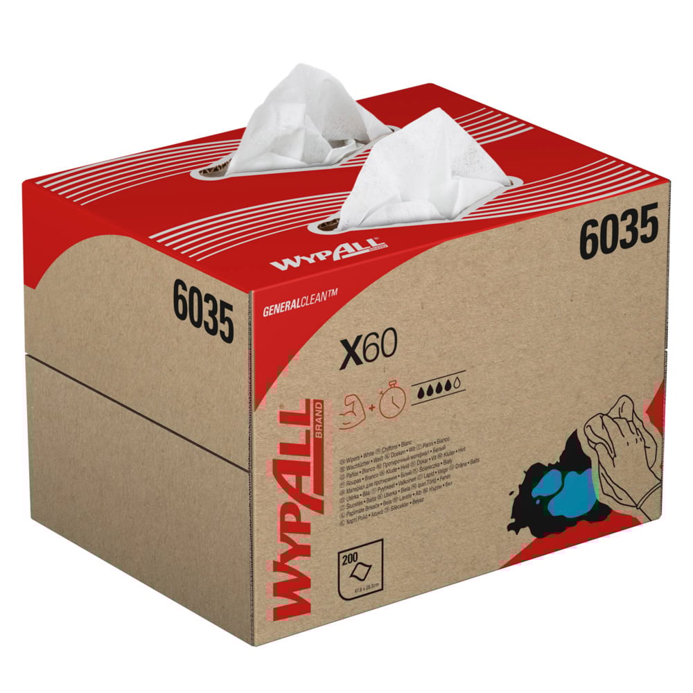 WypAll X60 General Clean Cloths 6035 - White Cloths - 1 BRAG Box x 200 White Cleaning Cloths