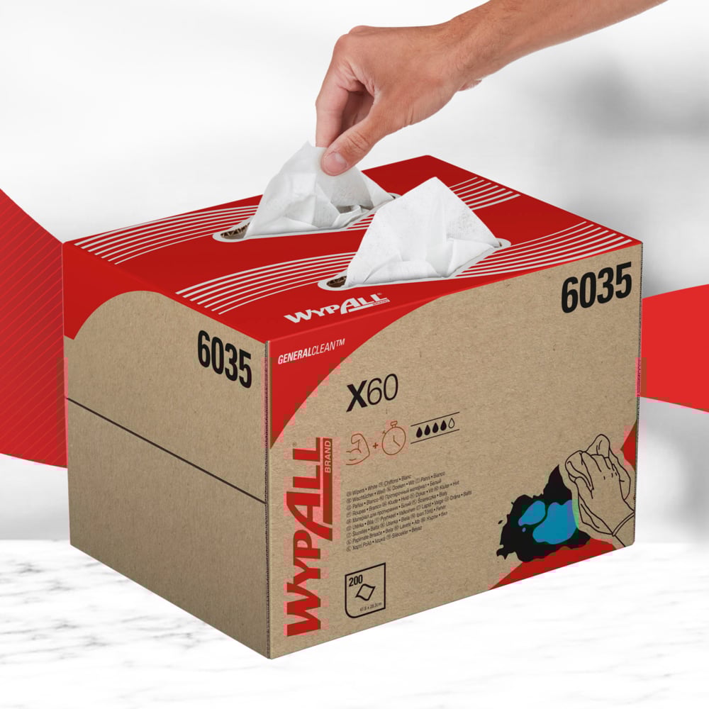 WypAll X60 General Clean Cloths 6035 - White Cloths - 1 BRAG Box x 200 White Cleaning Cloths