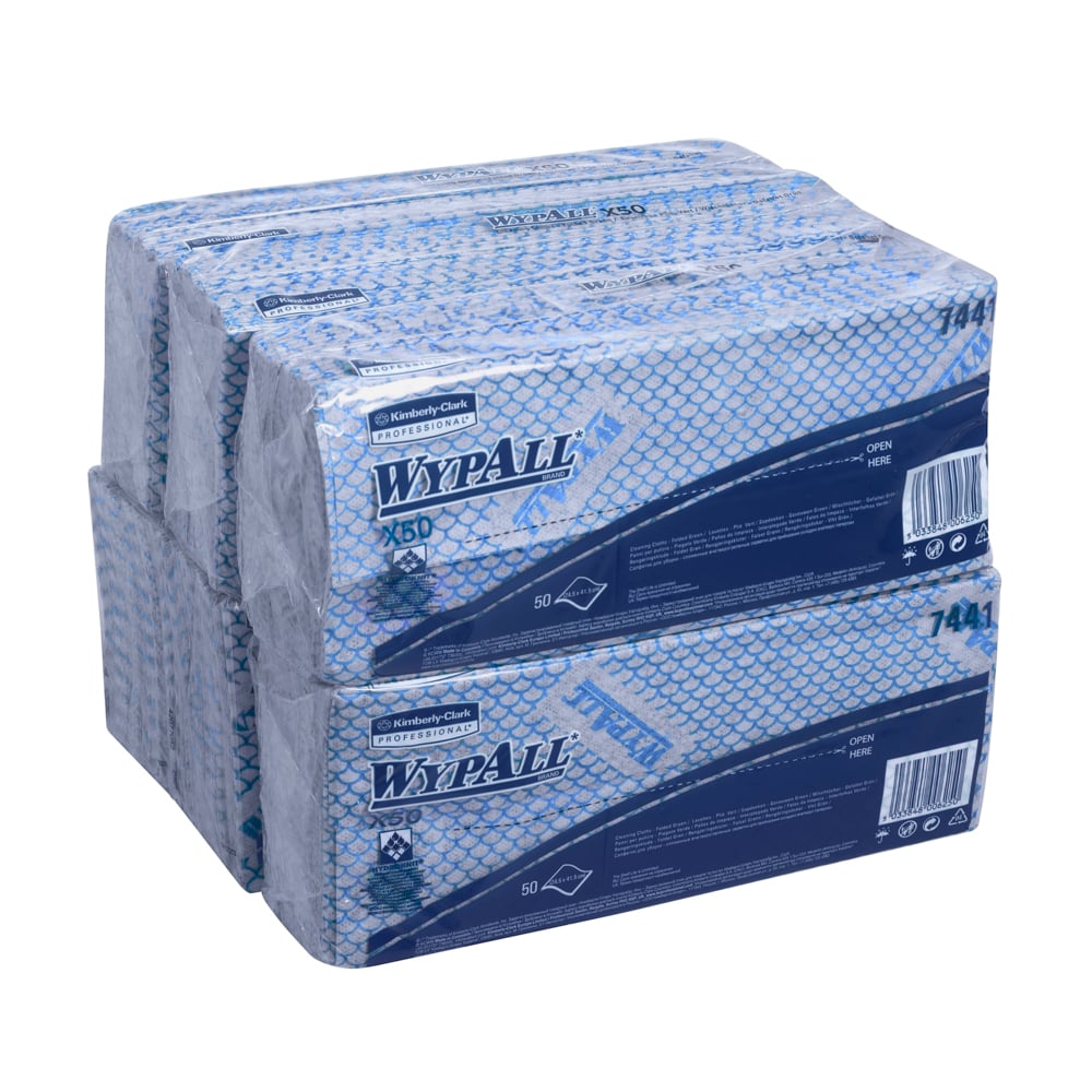 WypAll X50 Critical Clean Colour Coded Cleaning Cloths 7441 - Blue Wiping Cloths - 6 Packs x 50 Interfolded Colour Coded Cloths (300 total)