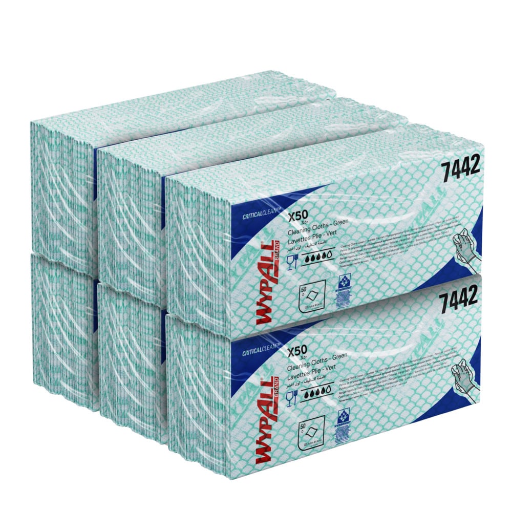 WypAll X50 Critical Clean Colour Coded Cleaning Cloths 7442 - Green Wiping Cloths - 6 Packs x 50 Interfolded Colour Coded Cloths (300 total)
