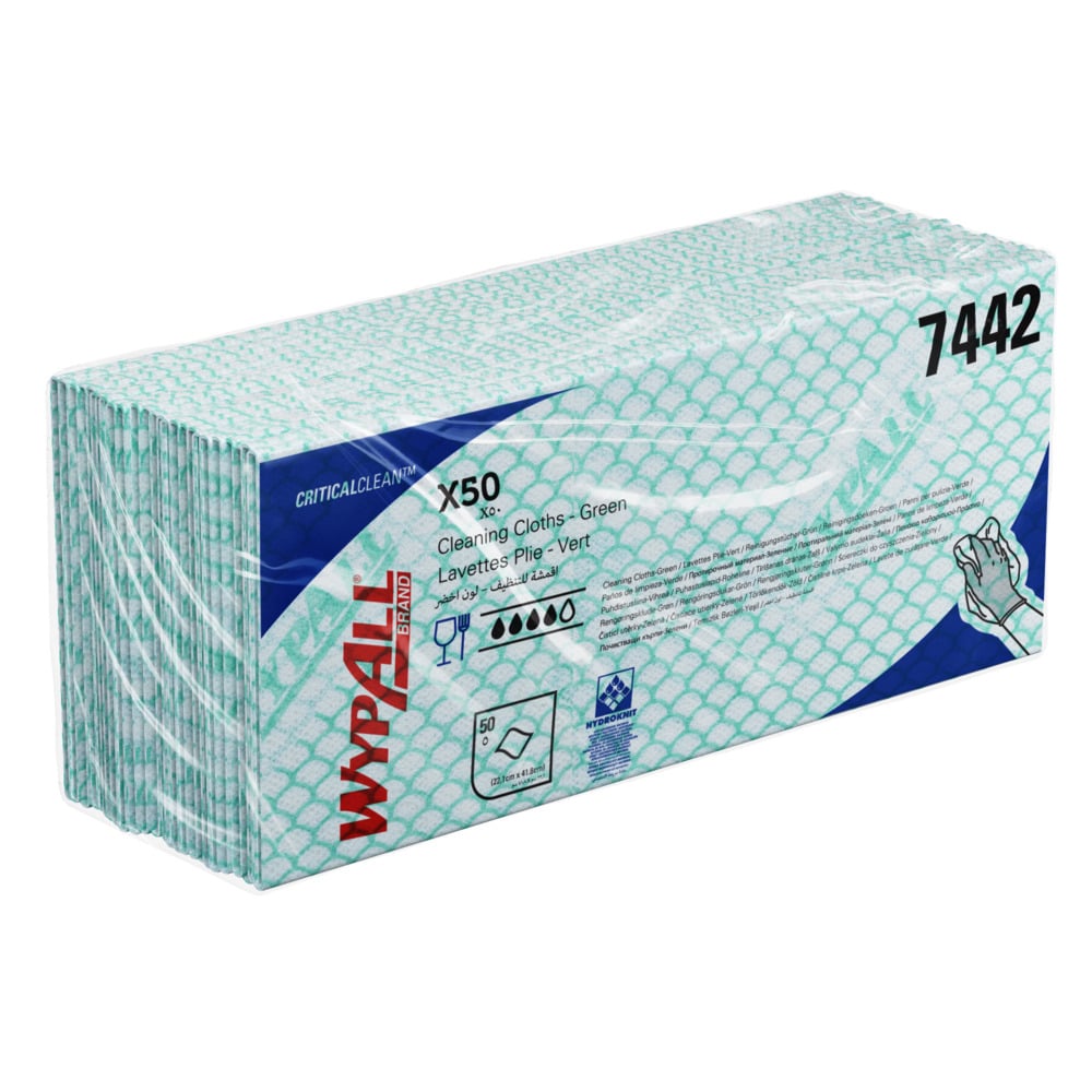 WypAll X50 Critical Clean Colour Coded Cleaning Cloths 7442 - Green Wiping Cloths - 6 Packs x 50 Interfolded Colour Coded Cloths (300 total)