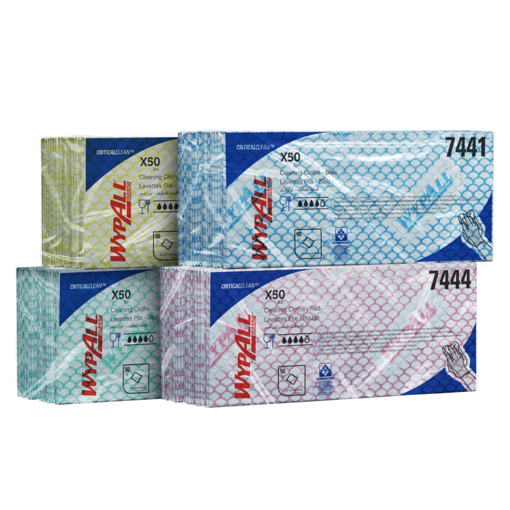 WypAll X50 Critical Clean Colour Coded Cleaning Cloths 7442 - Green Wiping Cloths - 6 Packs x 50 Interfolded Colour Coded Cloths (300 total)