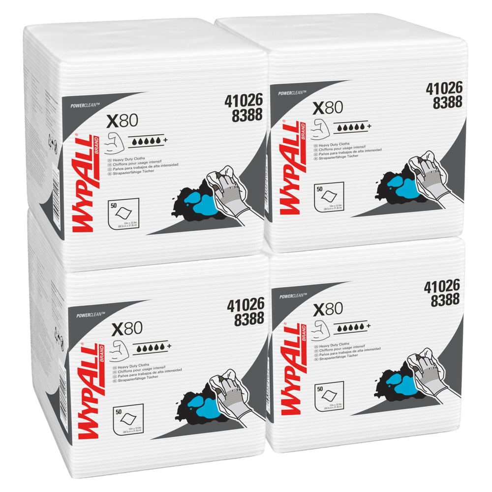 WypAll X80 Power Clean Cleaning Cloths 8388 - Reusable Cloths - 4 Packs x 50 Quarterfold, White, Absorbent Cloths (200 Total)