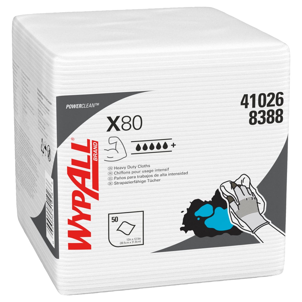 WypAll X80 Power Clean Cleaning Cloths 8388 - Reusable Cloths - 4 Packs x 50 Quarterfold, White, Absorbent Cloths (200 Total)