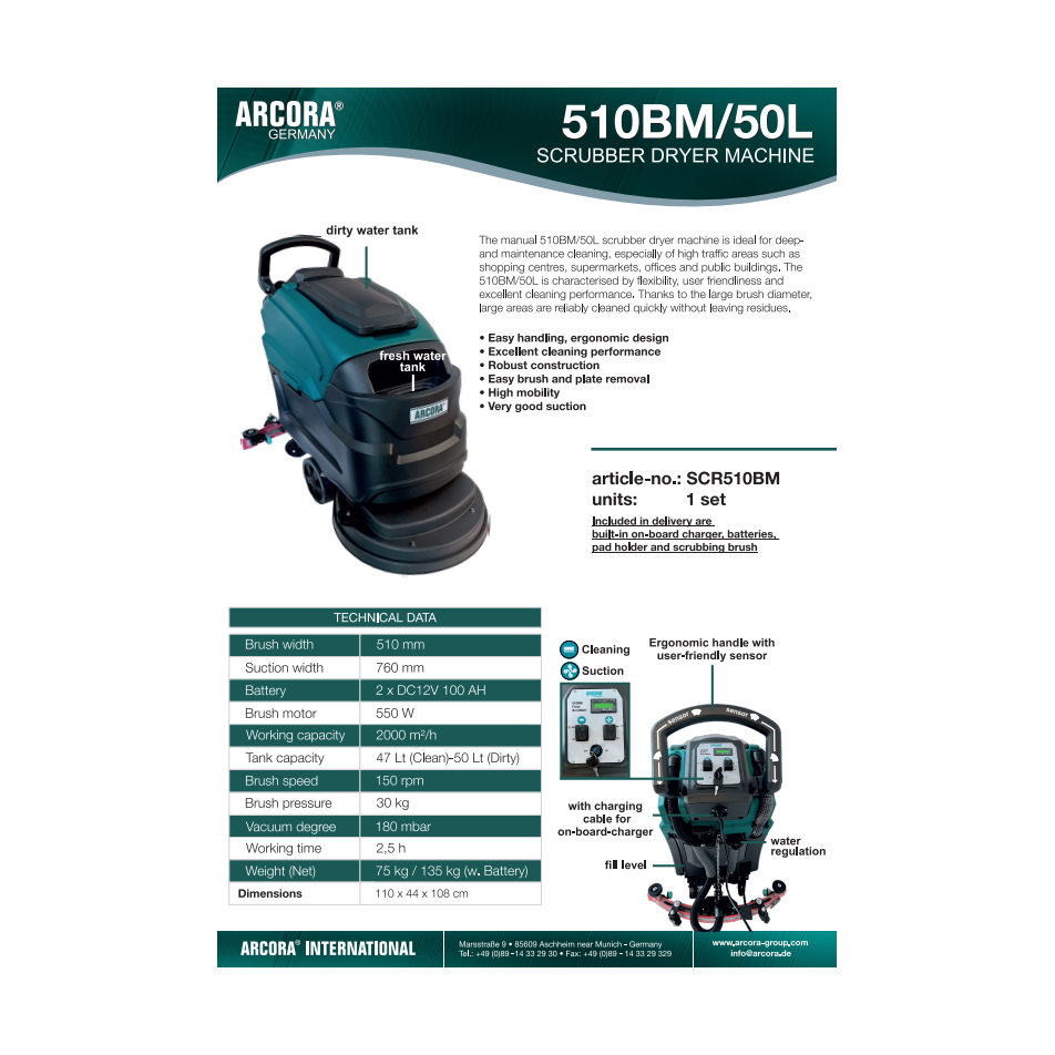Arcora 510BM/50L Scrubber Dryer (Battery)