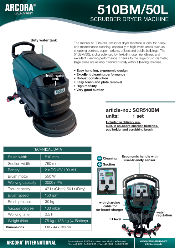 Arcora 510BM/50L Scrubber Dryer (Battery)