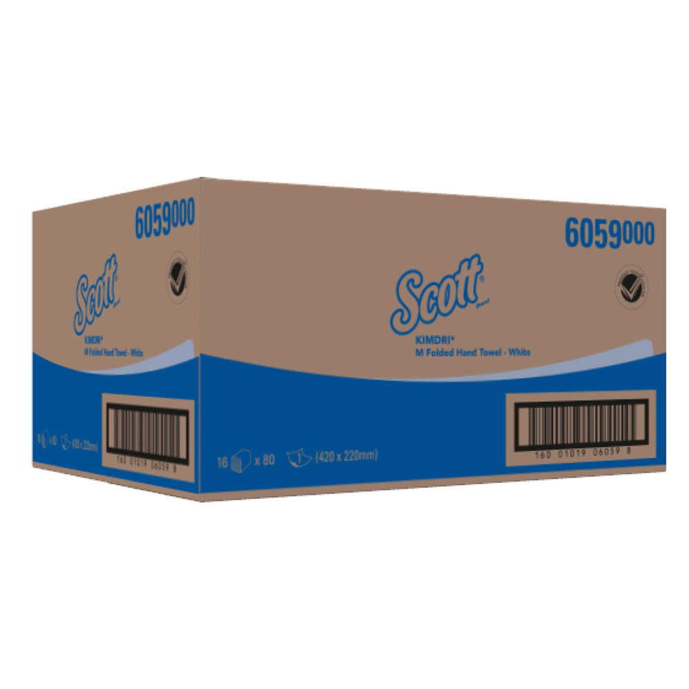 KIMBERLY-CLARK SCOTT KIMDRI M-Fold Folded Hand Towel - White / 1 Ply (16 Packs of 80) (Code 6059)