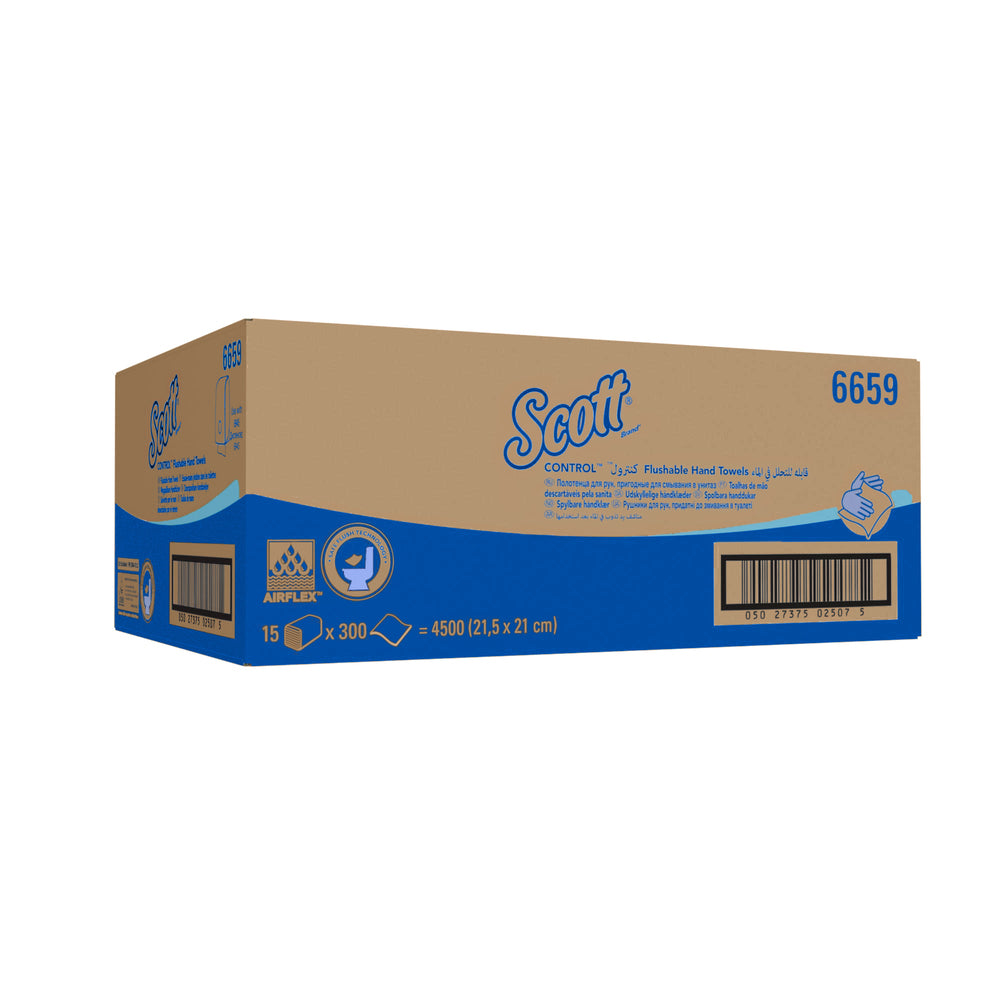 KIMBERLY-CLARK SCOTT CONTROL Flushable Hand Towels - Interfolded / White / 1 Ply (15 Packs of 300) (Code 6659)