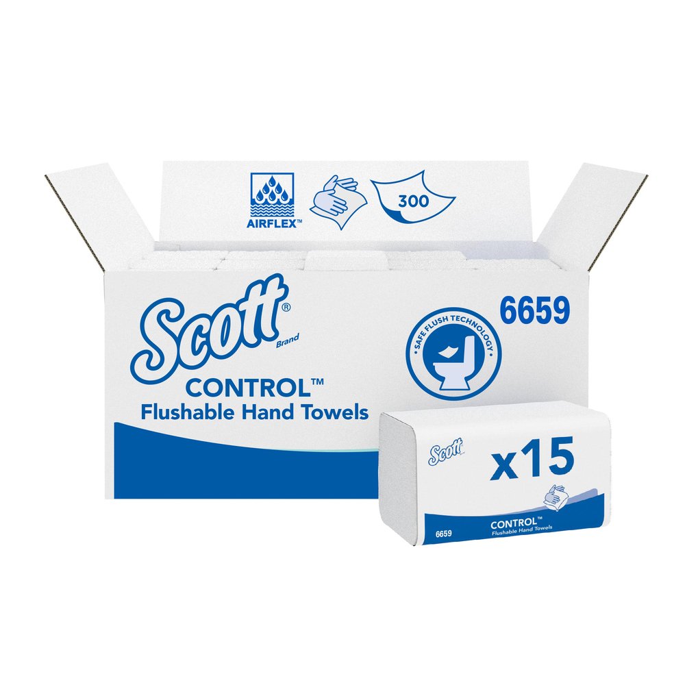 KIMBERLY-CLARK SCOTT CONTROL Flushable Hand Towels - Interfolded / White / 1 Ply (15 Packs of 300) (Code 6659)
