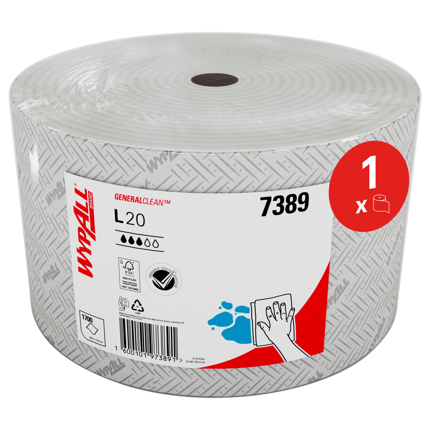 WypAll L20 Large Roll Wipers 7389 - 2 Ply Paper Cleaning Wipes - 1 Jumbo Roll x 1,700 White Disposable Wipers (646m Total)