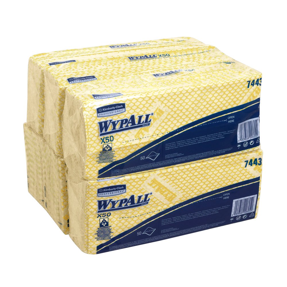 WypAll X50 Critical Clean Colour Coded Cleaning Cloths 7443 - Yellow Wiping Cloths - 6 Packs x 50 Interfolded Colour Coded Cloths (300 total)