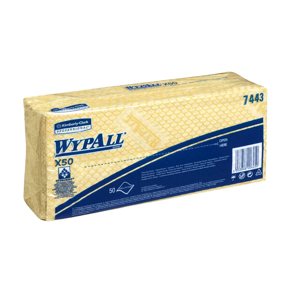 WypAll X50 Critical Clean Colour Coded Cleaning Cloths 7443 - Yellow Wiping Cloths - 6 Packs x 50 Interfolded Colour Coded Cloths (300 total)