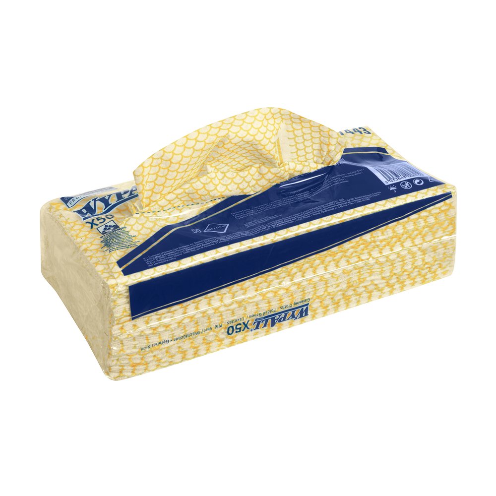 WypAll X50 Critical Clean Colour Coded Cleaning Cloths 7443 - Yellow Wiping Cloths - 6 Packs x 50 Interfolded Colour Coded Cloths (300 total)