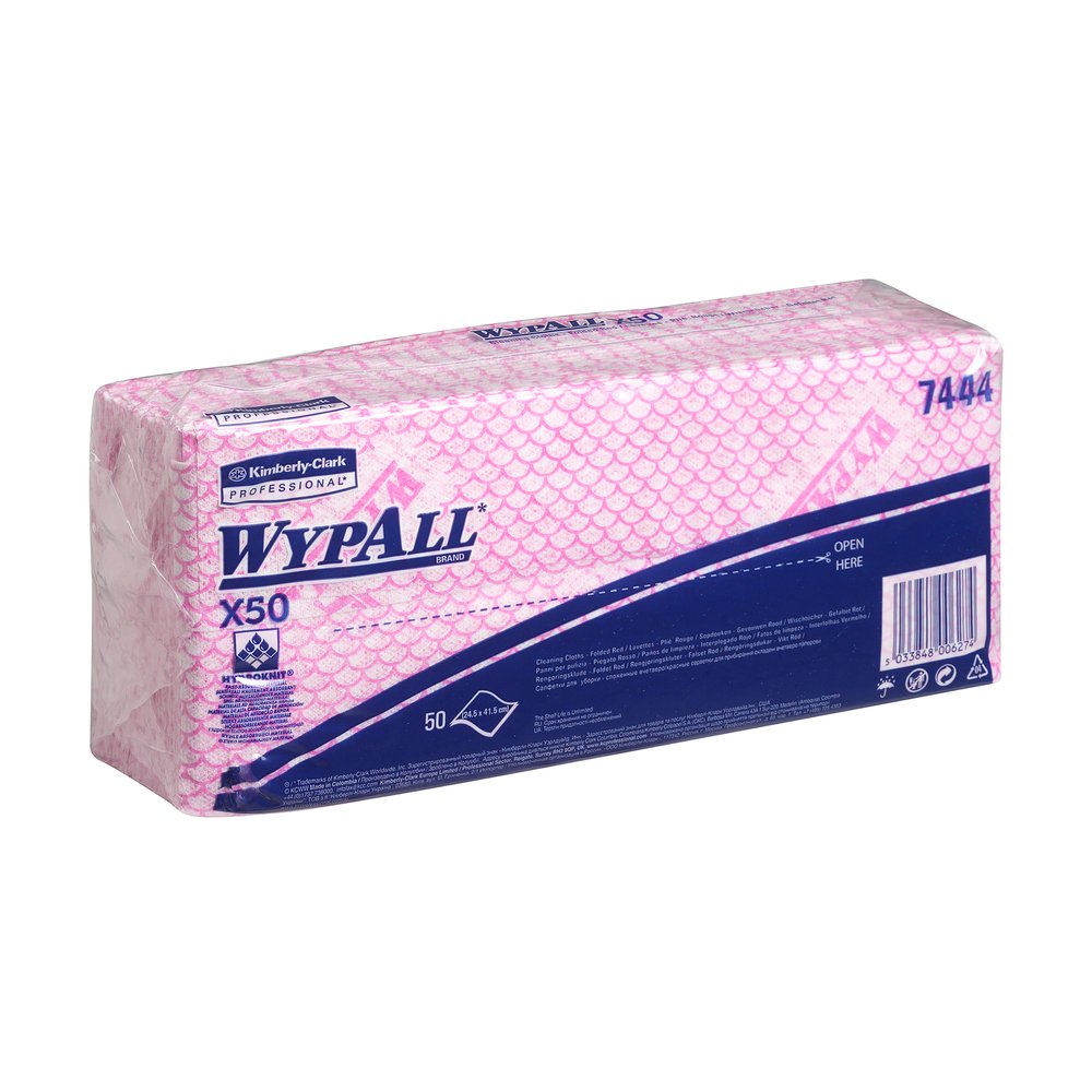 WypAll X50 Colour Coded Cleaning Cloths 7444 - Red Wiping Cloths - 6 Packs x 50 Interfolded Colour Coded Cloths (300 total)