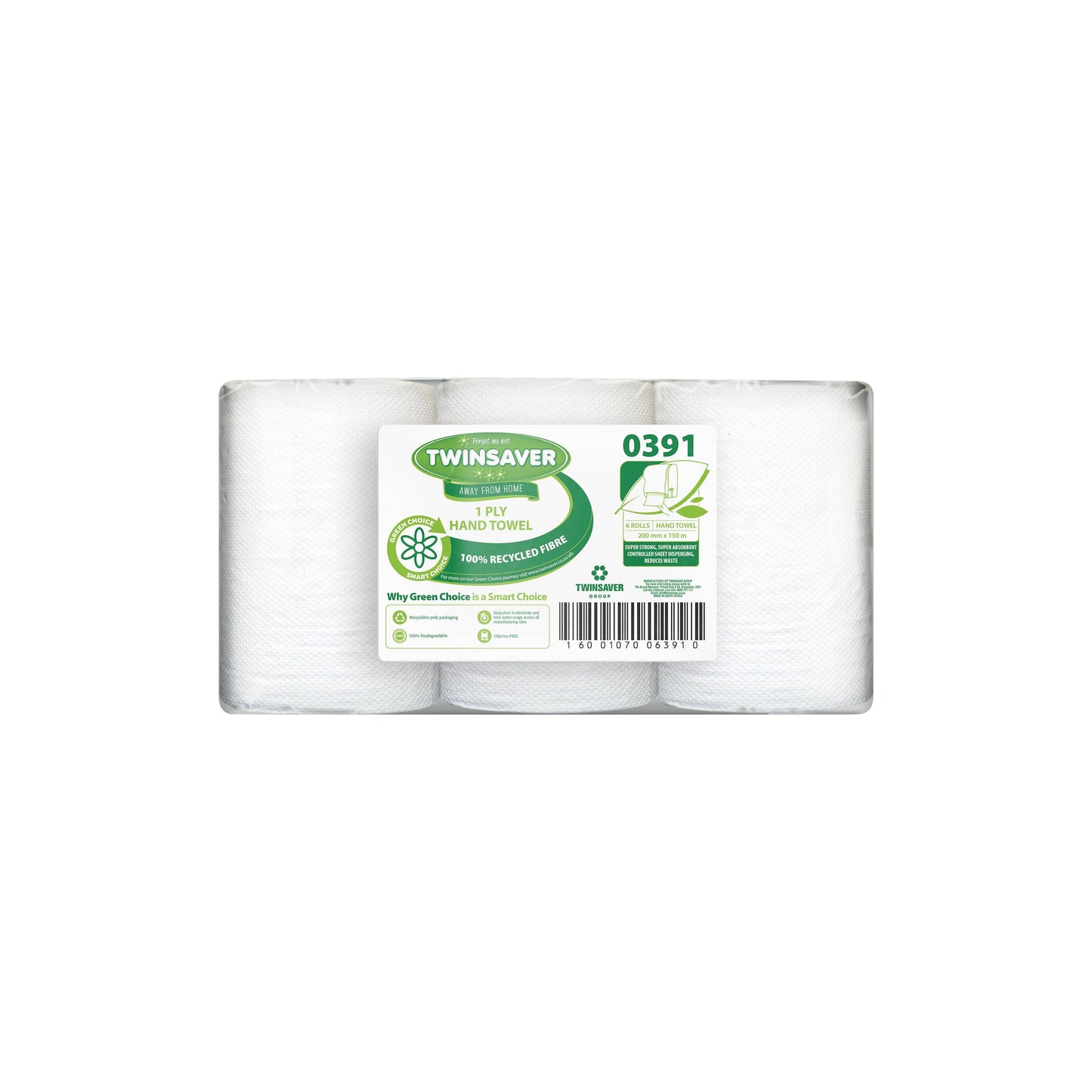 Twinsaver Control 1 Ply Hand Towel (Pack of 6 Rolls) (Code 0391)