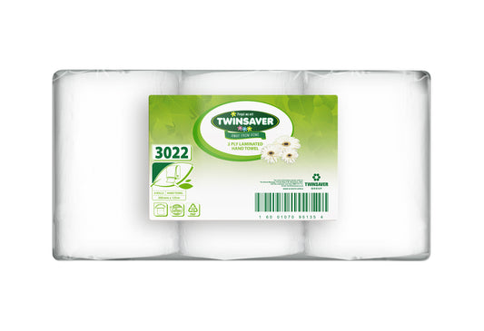 Twinsaver 2 Ply Laminated Hand Towel (Pack of 6 Rolls) (Code 3022)