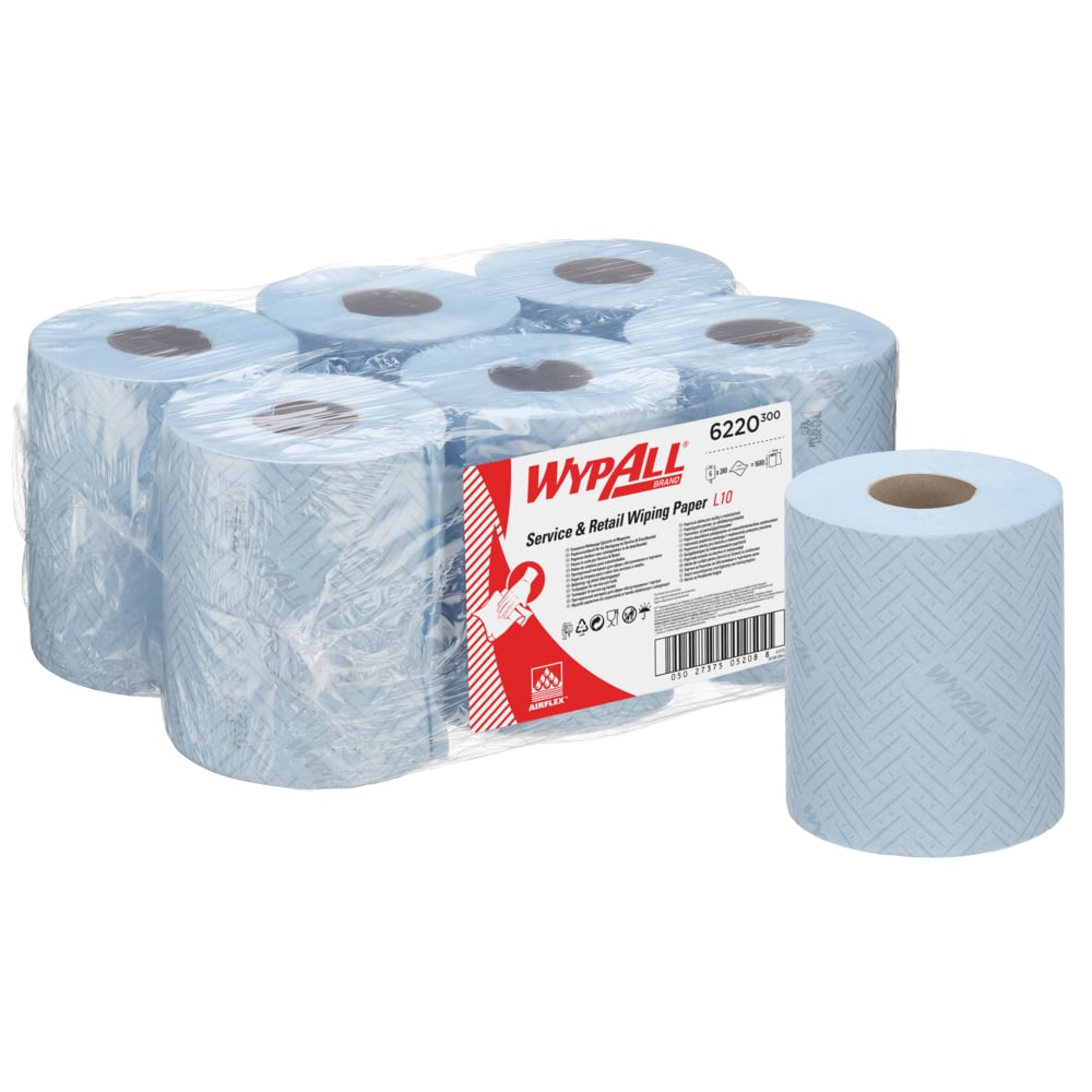 WypAll L10 Service & Retail Wiping Paper - 1 Ply Centrefeed Blue Roll - 6 Rolls x 280 Paper Wipes (1,680 total) - Code 6220
