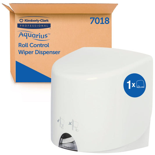 KIMBERLY-CLARK AQUARIUS Roll Control Wiper Dispenser - Centrefeed Roll Dispenser - White, Wall Mounted (Code 7018)