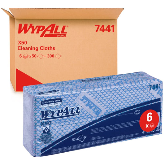 WypAll X50 Critical Clean Colour Coded Cleaning Cloths 7441 - Blue Wiping Cloths - 6 Packs x 50 Interfolded Colour Coded Cloths (300 total)
