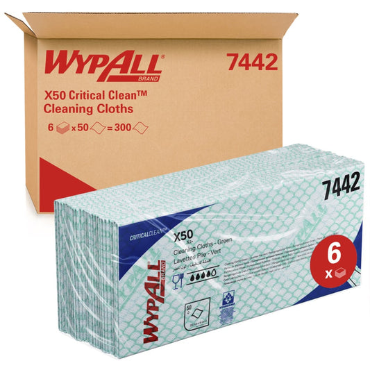 WypAll X50 Critical Clean Colour Coded Cleaning Cloths 7442 - Green Wiping Cloths - 6 Packs x 50 Interfolded Colour Coded Cloths (300 total)