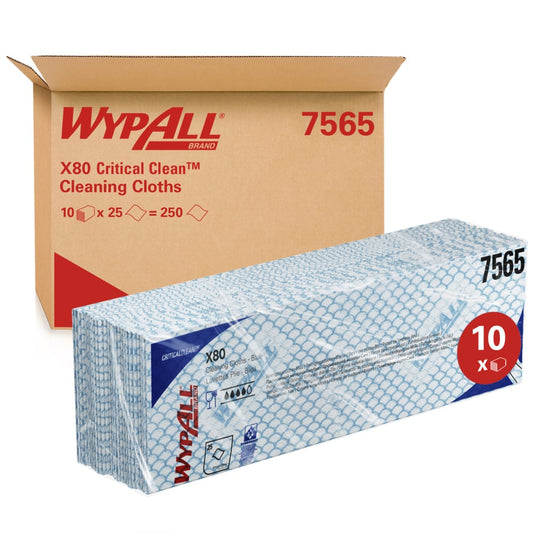 WypAll X80 Critical Clean Colour Coded Cleaning Cloths 7565 - Blue Wiping Cloths - 10 Packs x 25 Heavy Duty Cleaning Wipes (250 total)