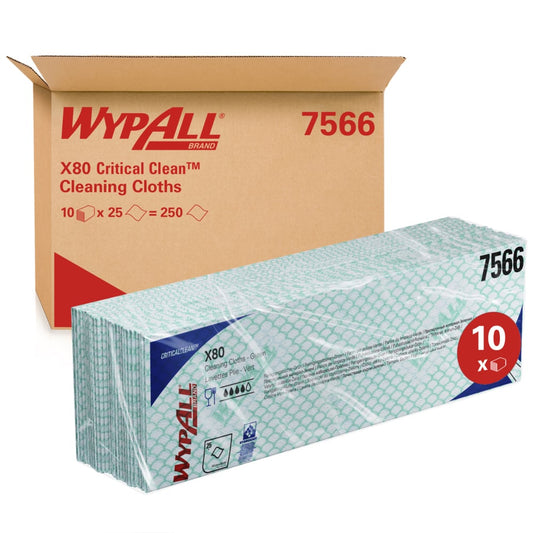WypAll X80 Critical Clean Colour Coded Cleaning Cloths 7566 - Green Wiping Cloths - 10 Packs x 25 Heavy Duty Cleaning Wipes (250 total)