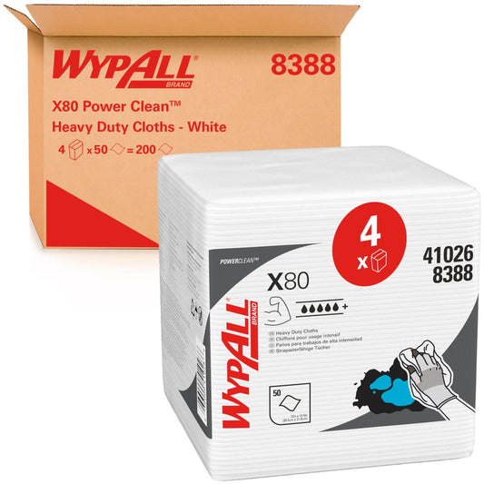 WypAll X80 Power Clean Cleaning Cloths 8388 - Reusable Cloths - 4 Packs x 50 Quarterfold, White, Absorbent Cloths (200 Total)