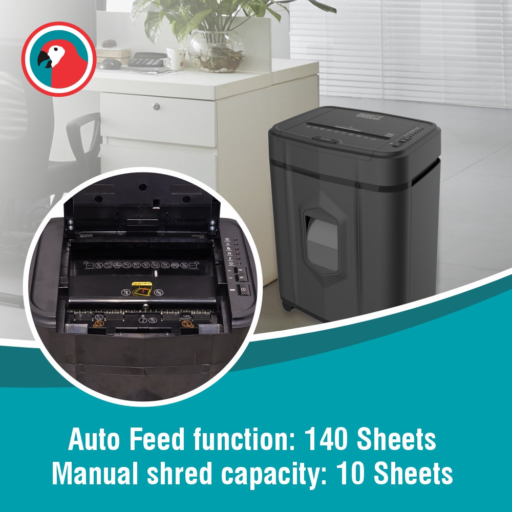 Parrot Shredder S1140AF - Paper 140 Sheet (4 x 12mm Mini Cross Cut Auto Feed)