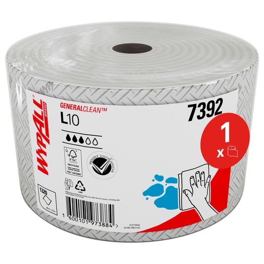 WypAll L10 Standard Roll Wipers 7392 - Jumbo Roll Wiping Paper - 1 Standard Roll x 1,320 White Cleaning Wipes (502m Total)