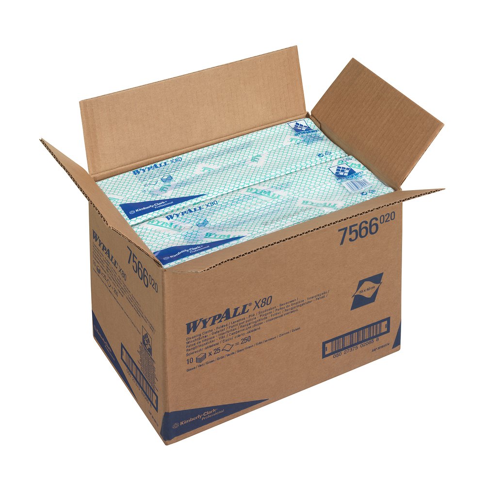 WypAll X80 Cleaning Cloths - Interfolded / Green (10 Packs of 25) - Code 7566